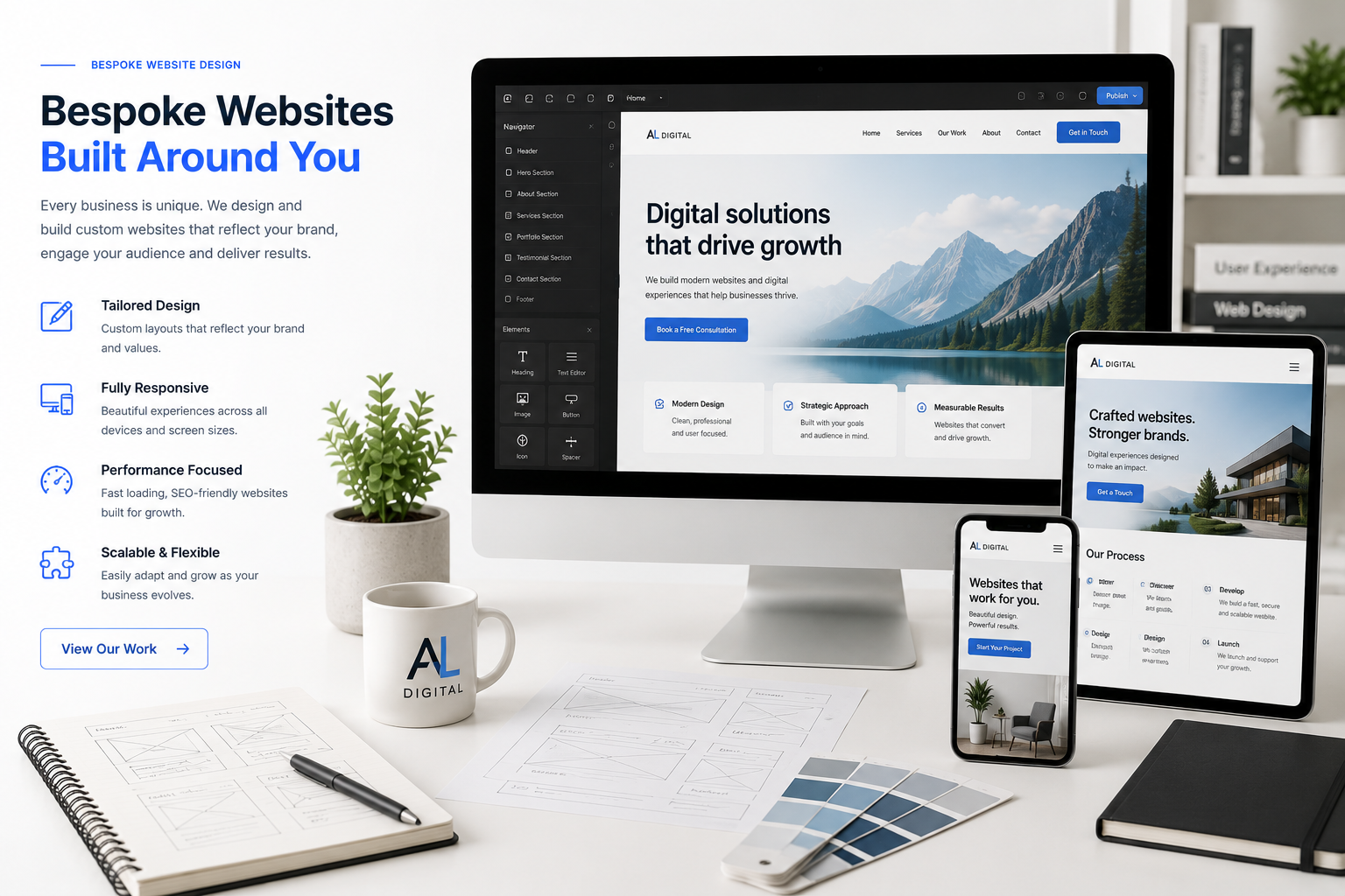 Bespoke website design workspace shown across desktop, tablet and mobile