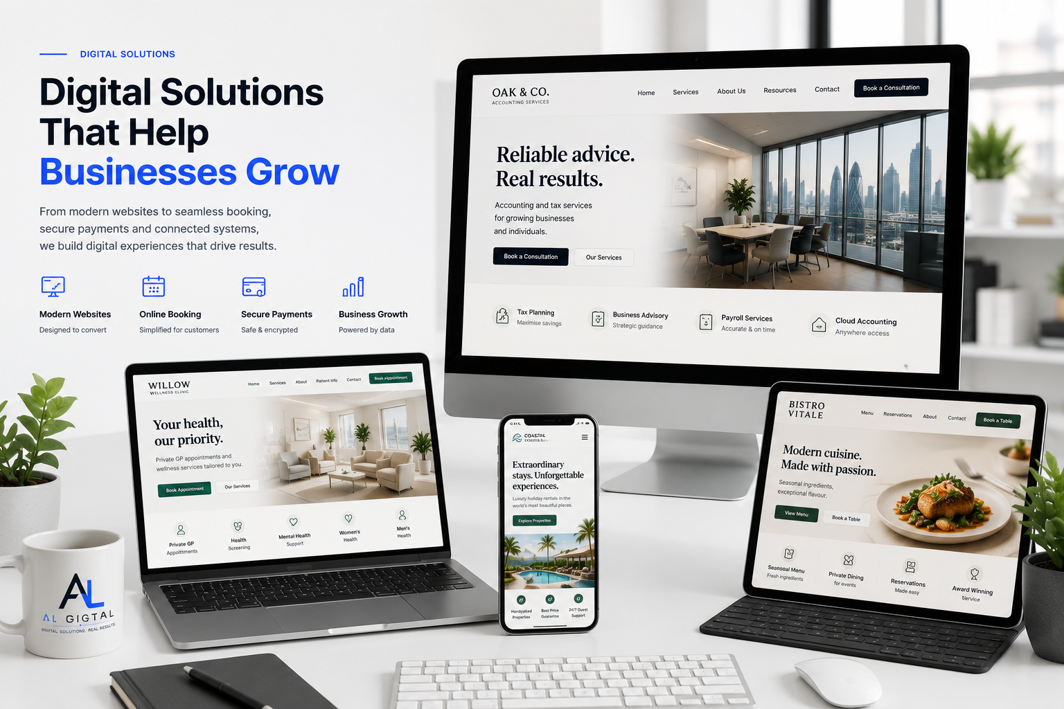Multi-industry website showcase for professional services, healthcare, hospitality and travel