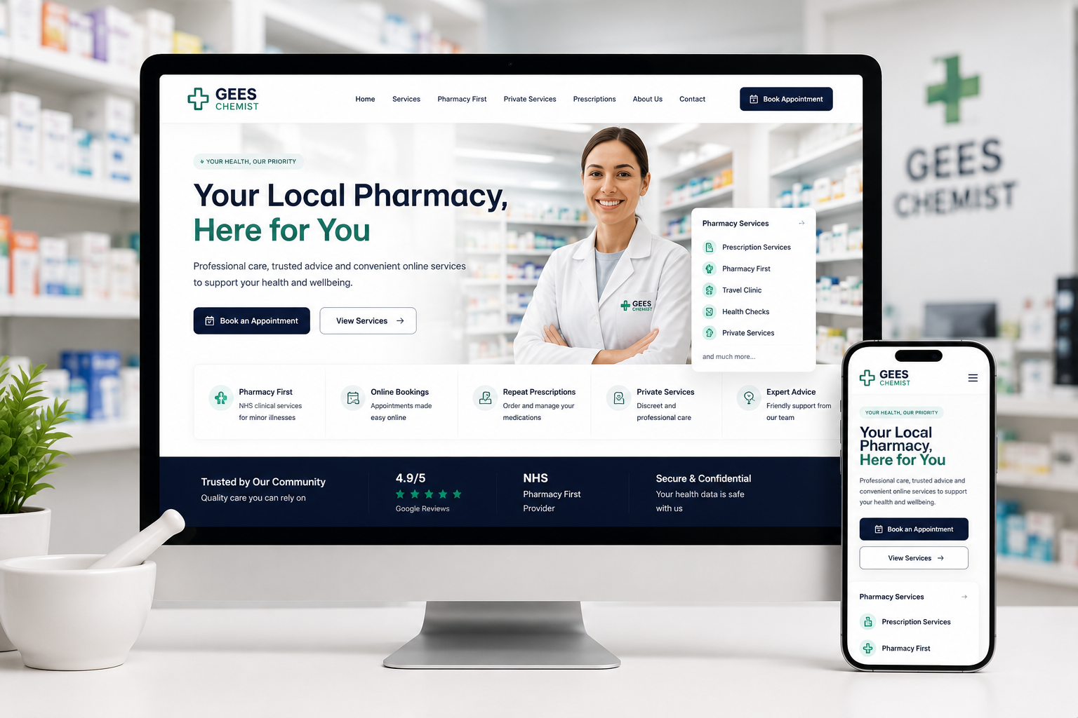 Gees Chemist community pharmacy website shown on desktop and mobile