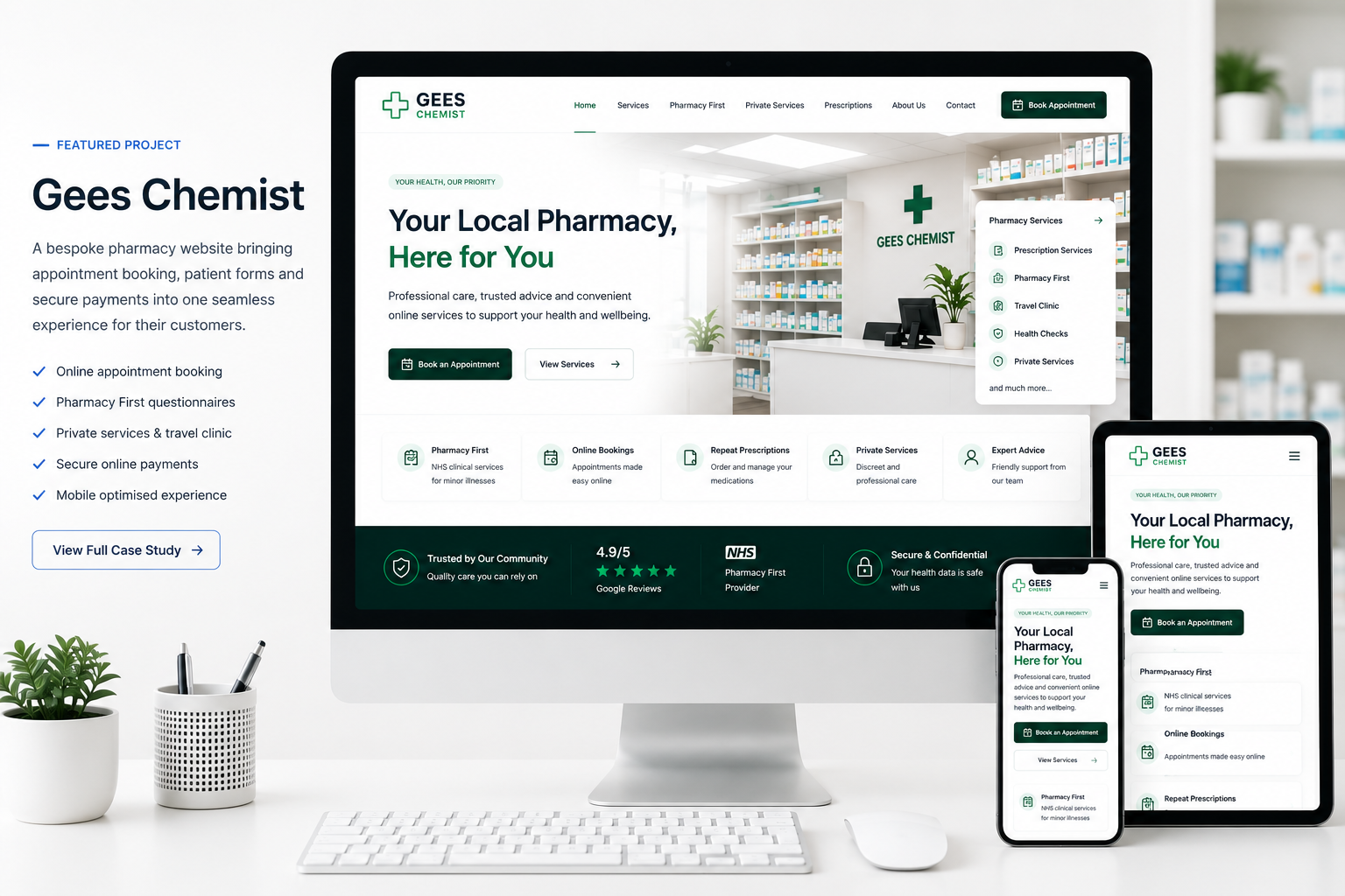 Featured Gees Chemist website shown across desktop, tablet and mobile