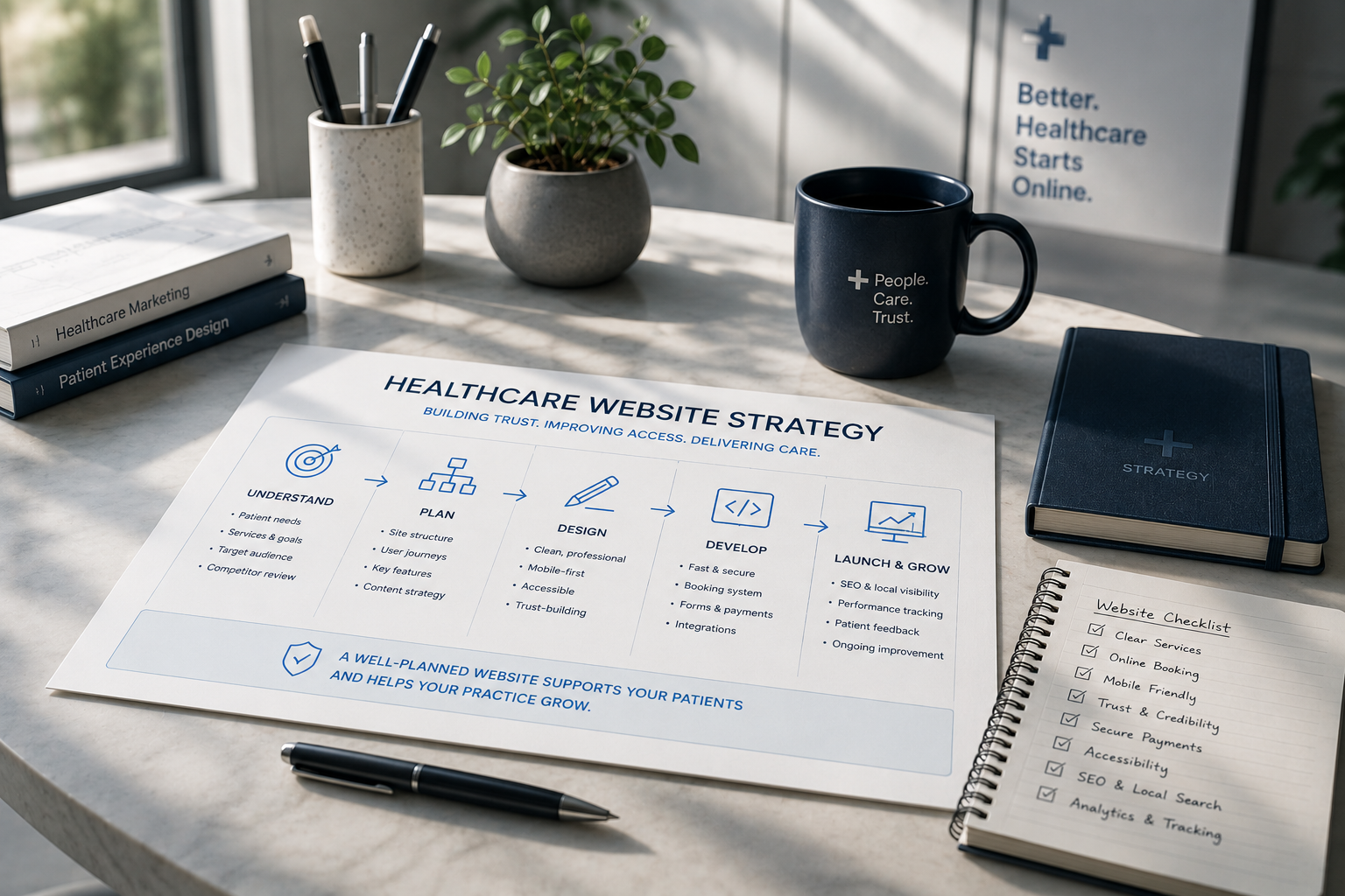 Healthcare website strategy plan covering research, design, development, launch and growth